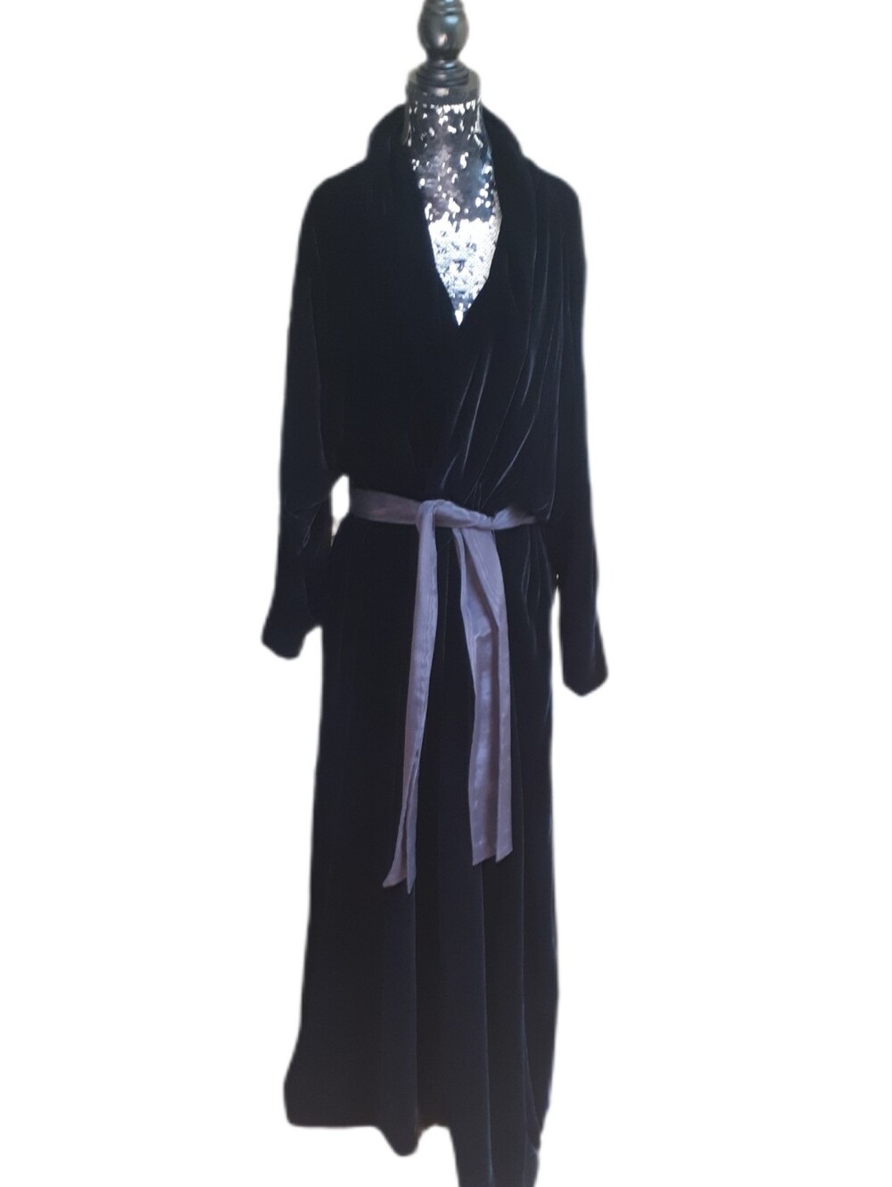 Designer Fernando Sequette Rare Vintage Black Velvet Robe with Satin Tie